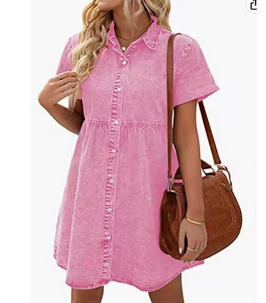 Women's Casual Short Sleeve Button Down Tiered Denim Babydoll Jean Dress
